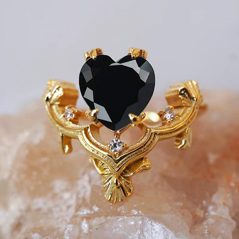 Gothic Onyx Heart Ring in 14K and 18K Gold