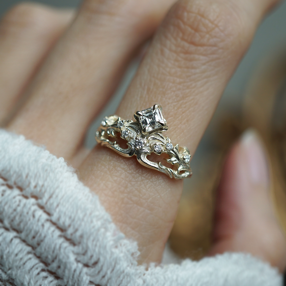 One Of A Kind: Ignis Asscher Diamond Ring in 14K and 18K Gold