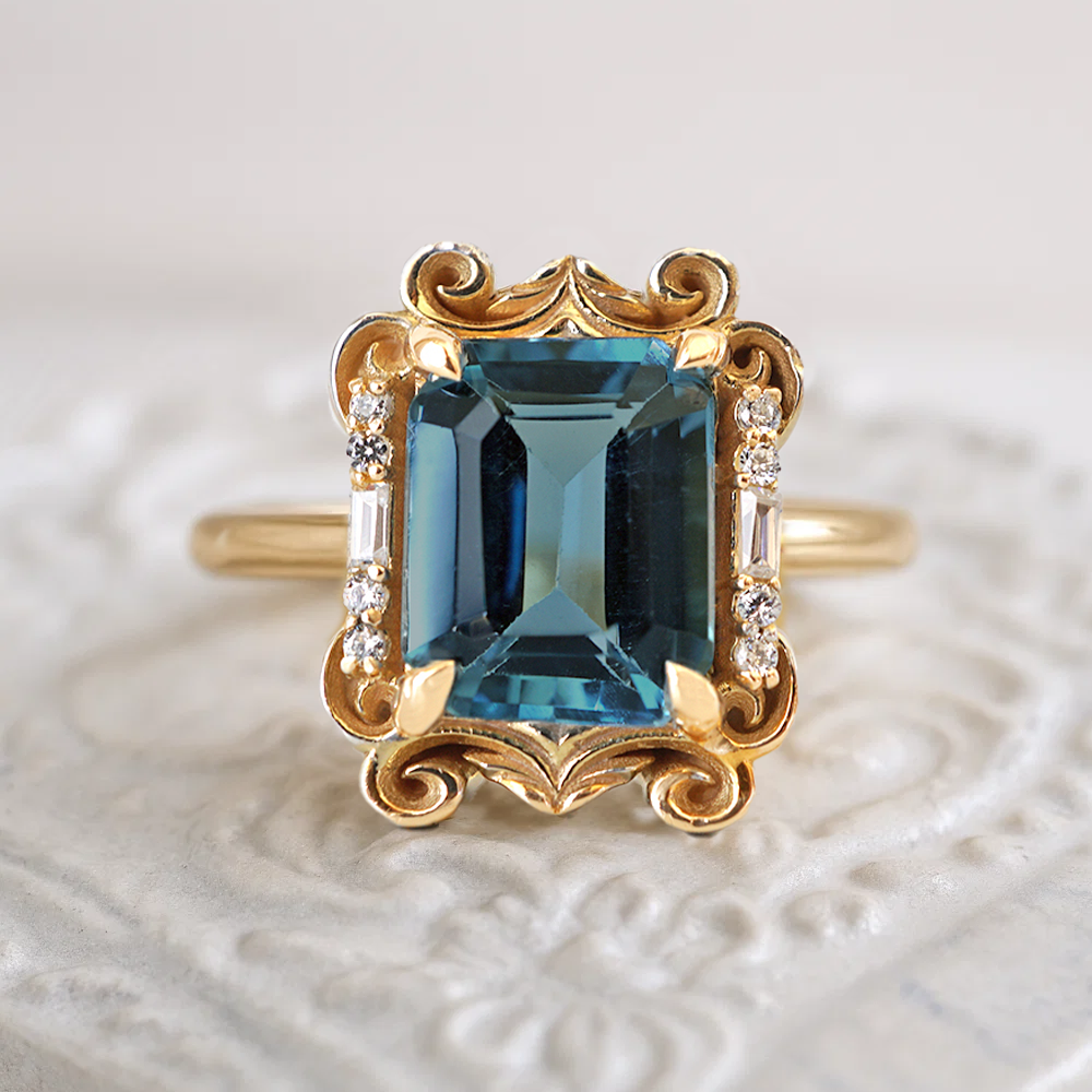 Isis London Blue Topaz Scroll Diamond Ring in 14K and 18K Gold