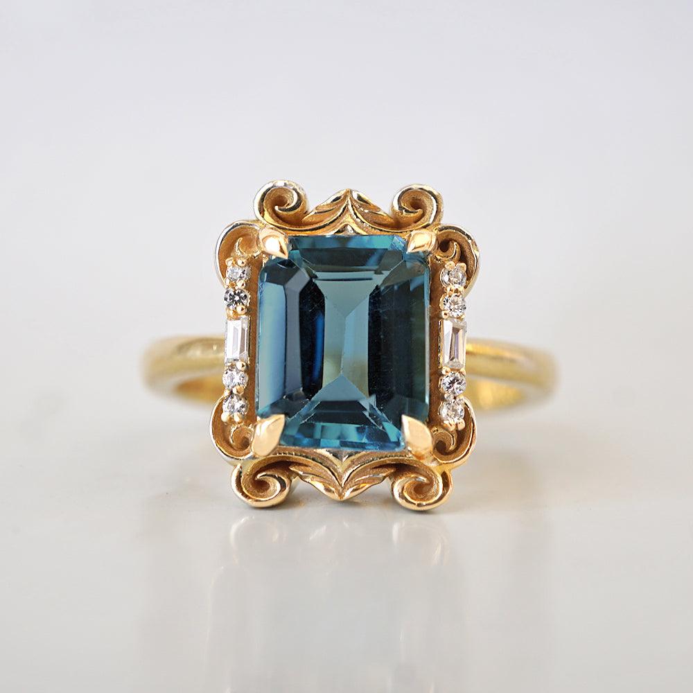 Isis London Blue Topaz Scroll Diamond Ring in 14K and 18K Gold - Tippy Taste Jewelry