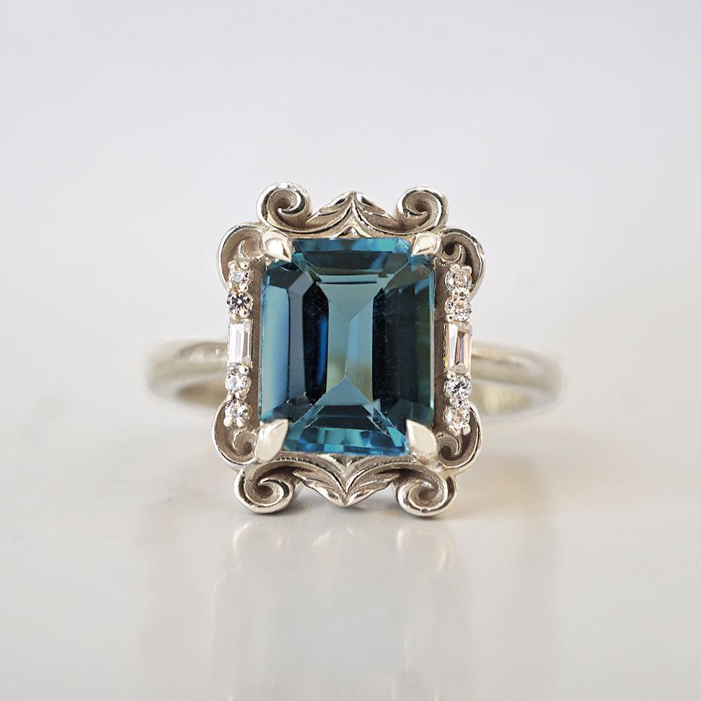 Isis London Blue Topaz Scroll Diamond Ring in 14K and 18K Gold - Tippy Taste Jewelry