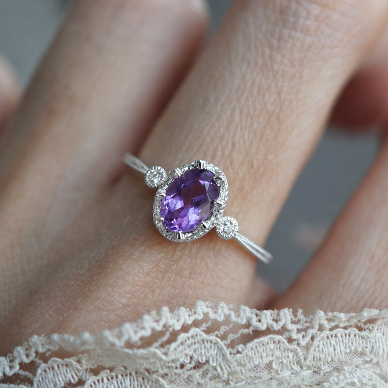 Lilac Oval Amethyst Ring in Sterling Silver