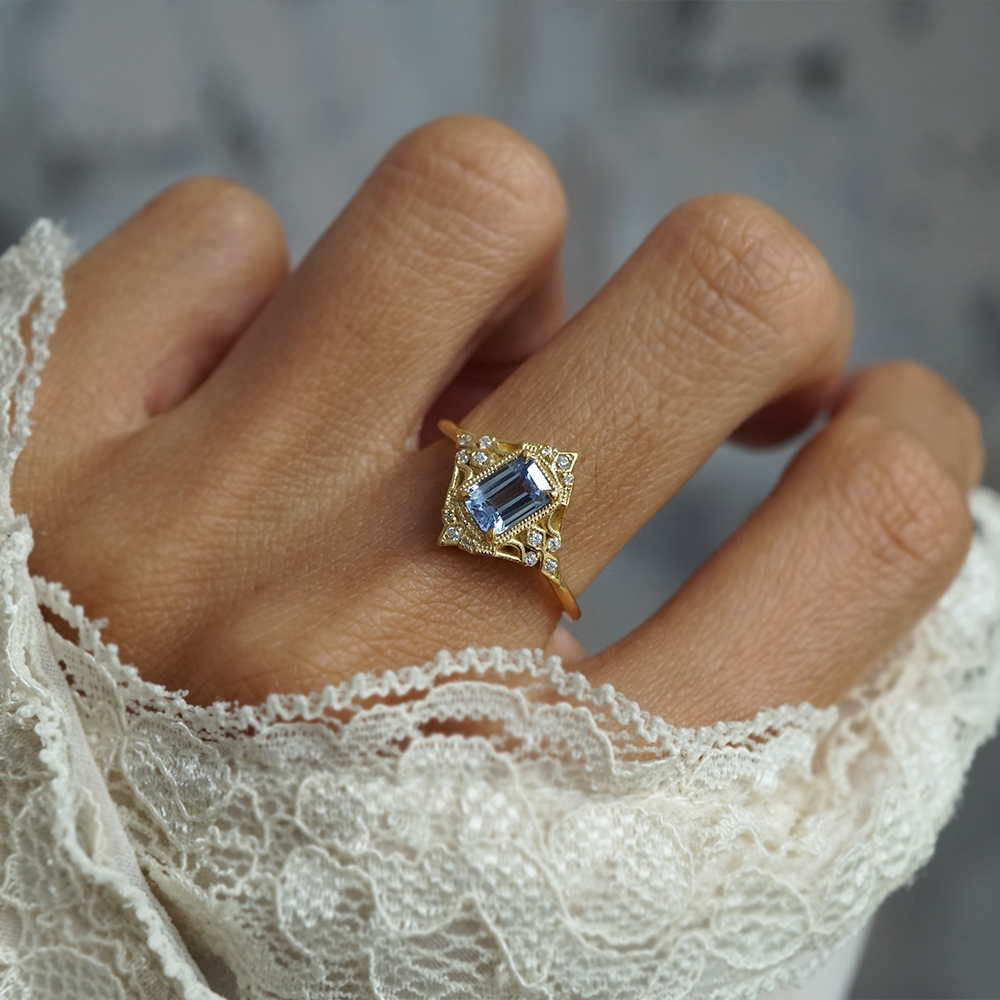 One Of A Kind: Blue Sapphire Marigold Diamond Ring in 14K and 18K Gold