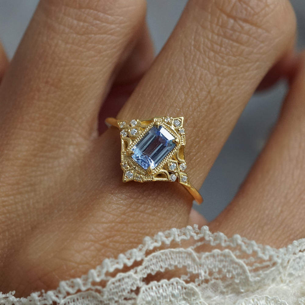 One Of A Kind: Blue Sapphire Marigold Diamond Ring in 14K and 18K Gold