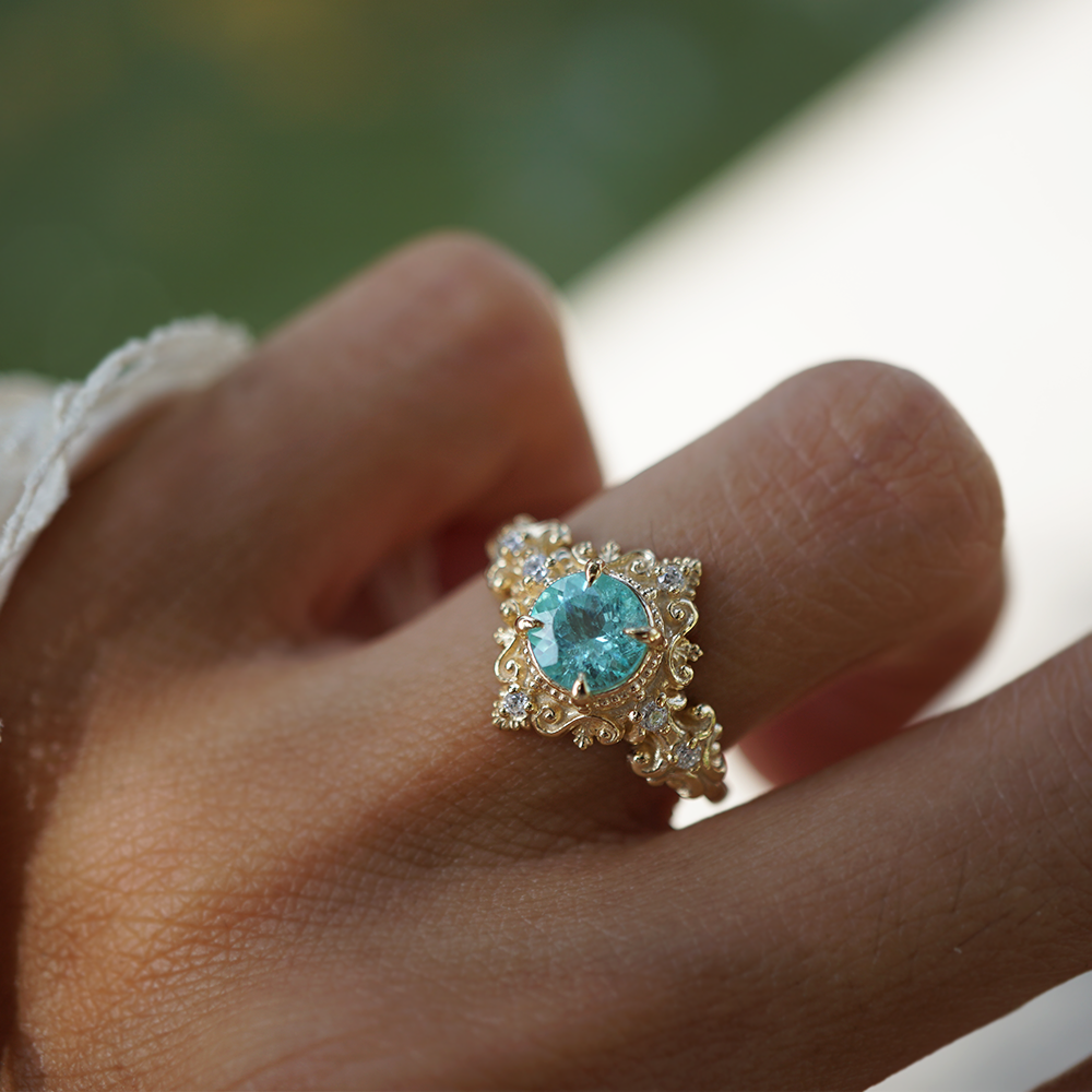 One Of A Kind: Meridian Reef Paraiba Tourmaline Diamond Ring in 14K and 18K Gold