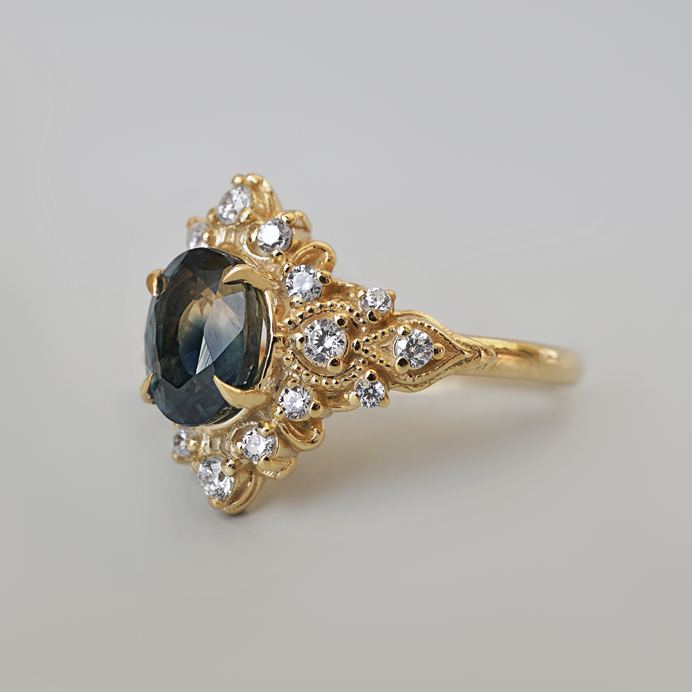 One Of A Kind: Midnight Stillness Bi-Color Sapphire Diamond Ring in 14K and 18K Gold