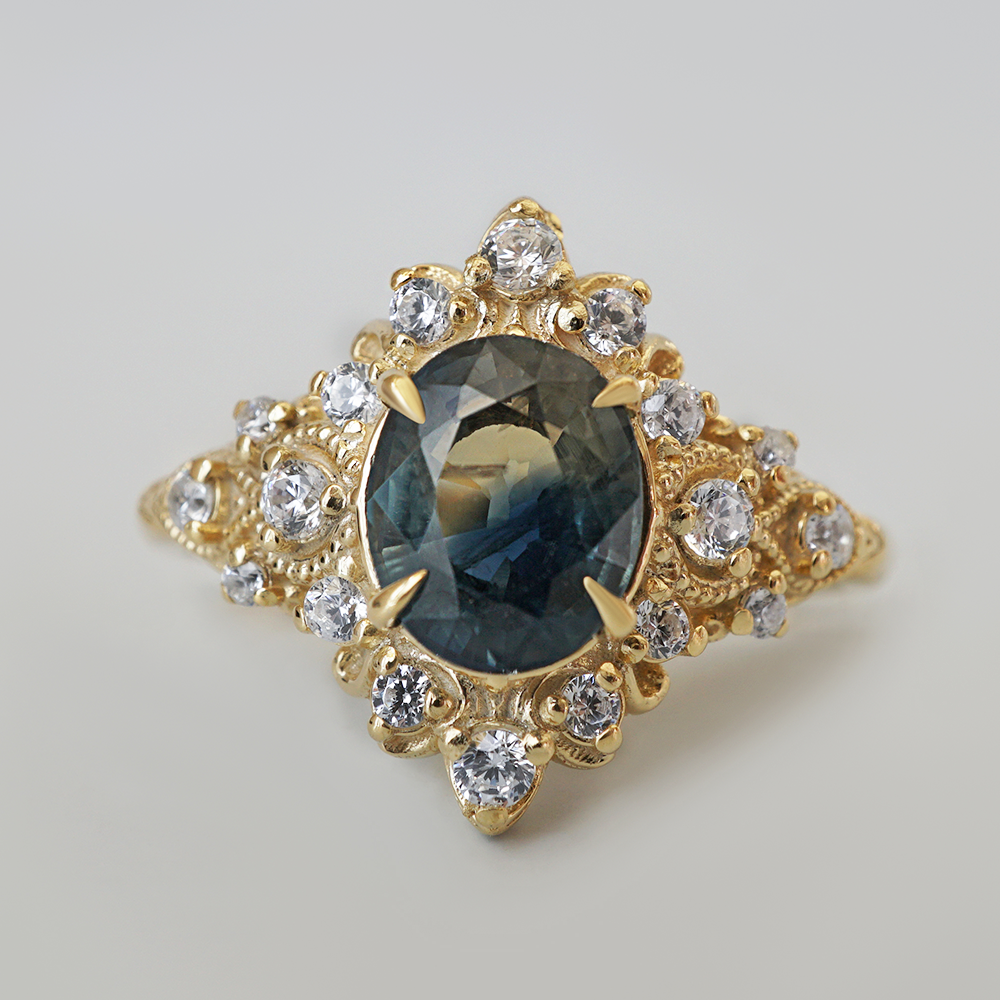 One Of A Kind: Midnight Stillness Bi-Color Sapphire Diamond Ring in 14K and 18K Gold