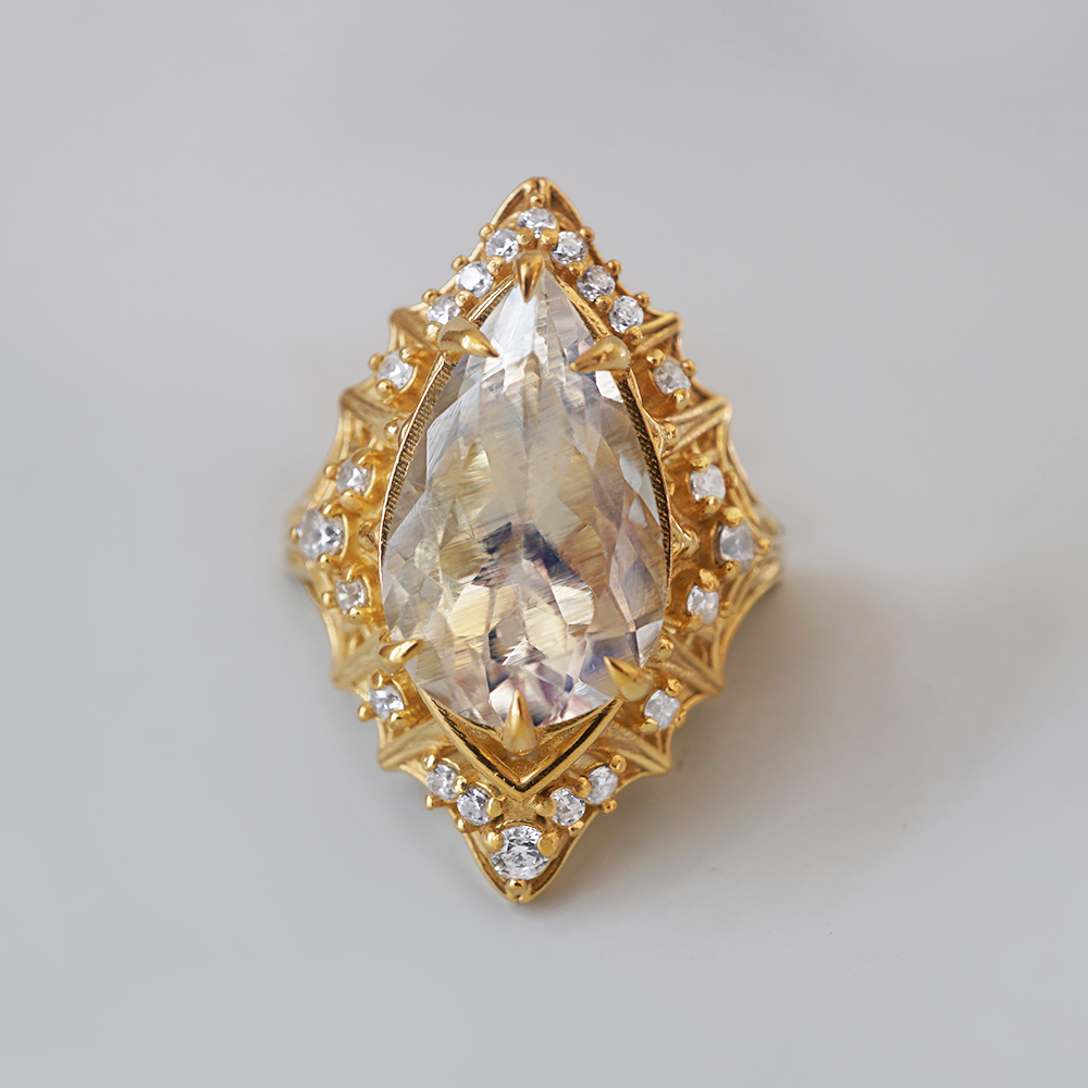 One Of A Kind: Cathedral Of Light Moonstone Diamond Ring in 14K and 18K Gold