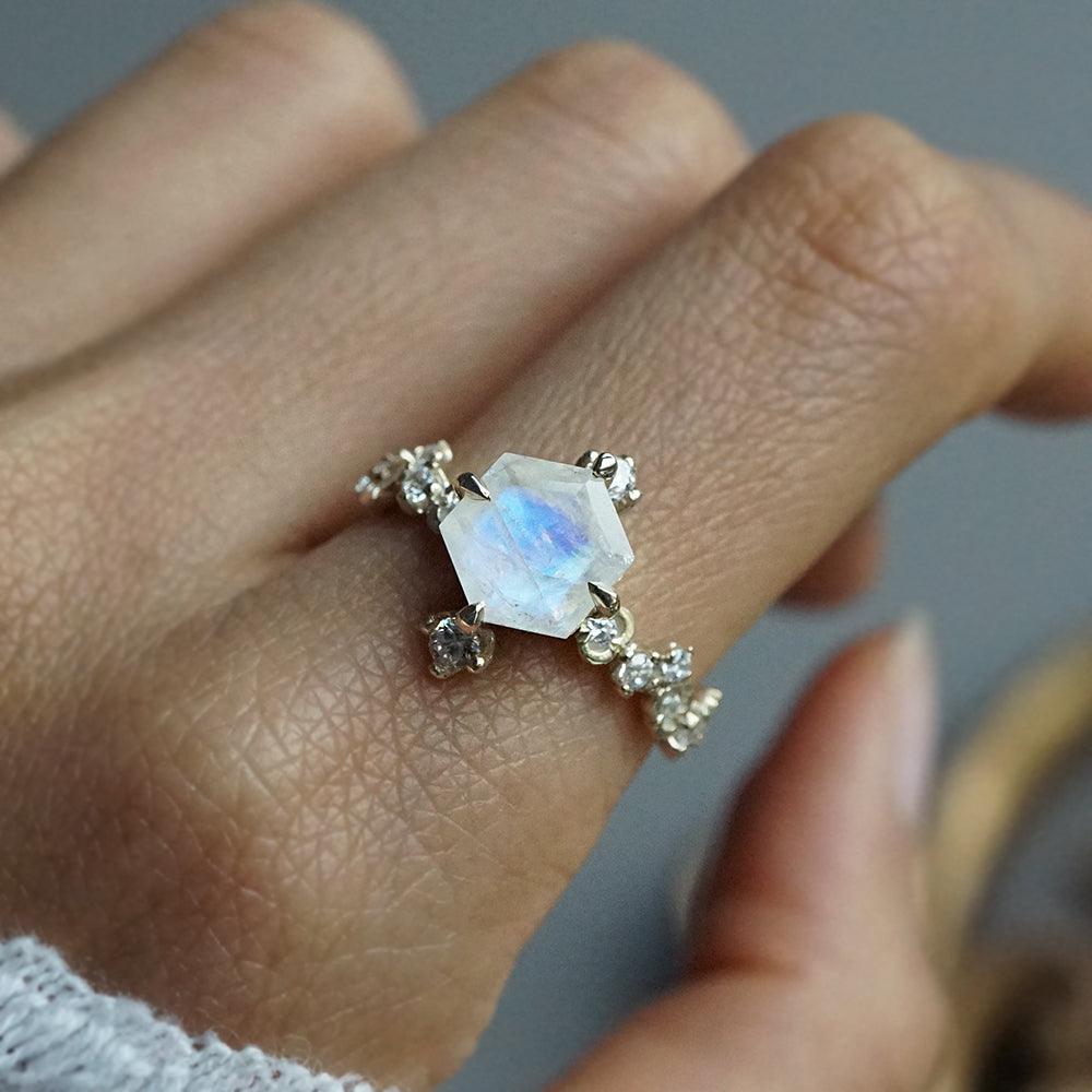 Hexagon Moonstone Luna Ring in 14K and 18K Gold - Tippy Taste Jewelry