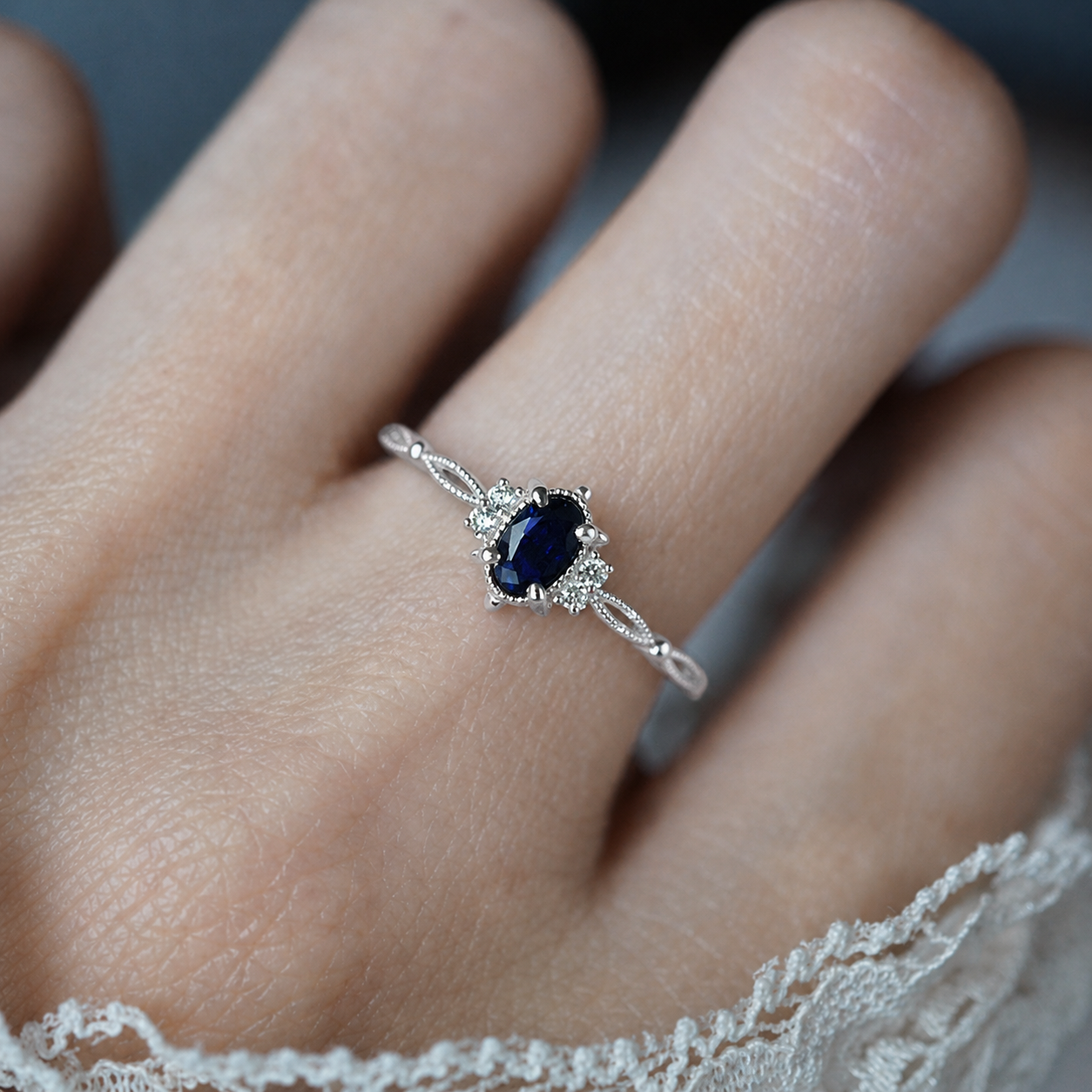 Mystic Dawn Oval Blue Sapphire Ring in Sterling Silver