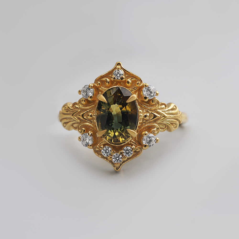 One Of A Kind: Painter's Garden Bicolor Sapphire Ring in 14K and 18K Gold
