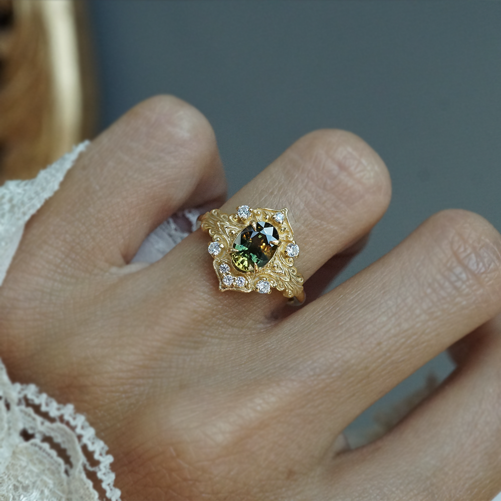 One Of A Kind: Painter's Garden Bicolor Sapphire Ring in 14K and 18K Gold