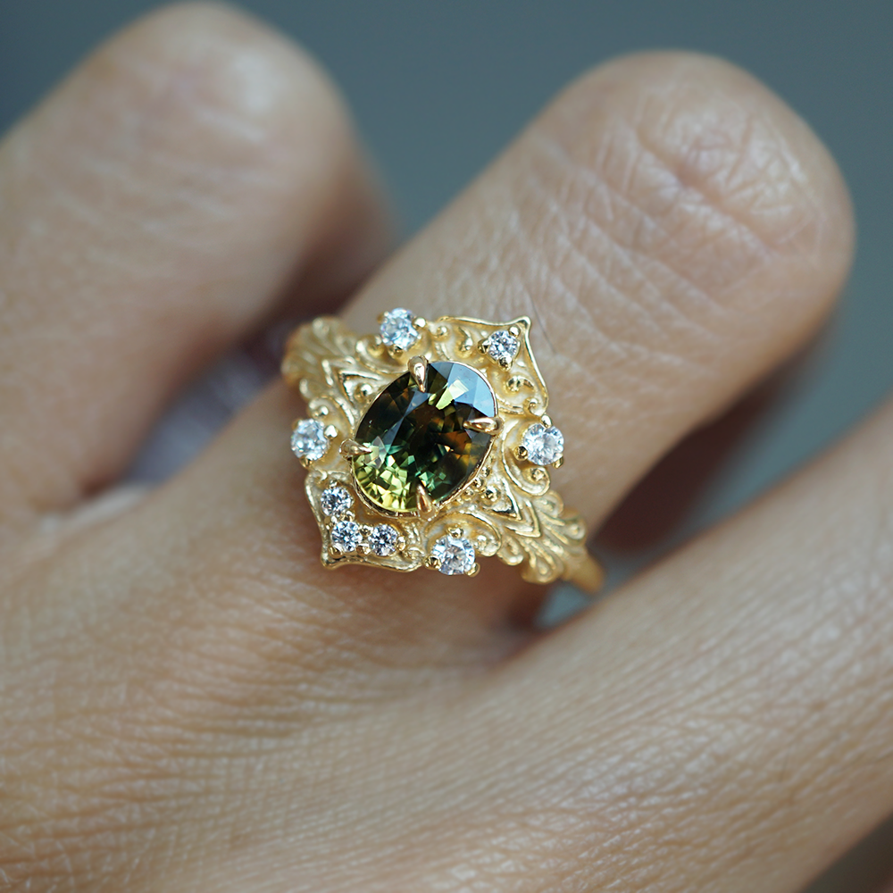 One Of A Kind: Painter's Garden Bicolor Sapphire Ring in 14K and 18K Gold