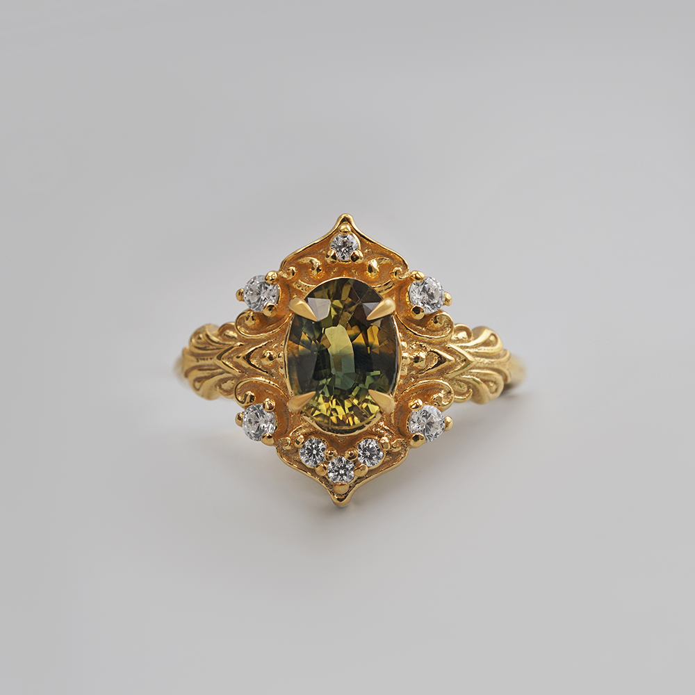 One Of A Kind: Painter's Garden Bicolor Sapphire Ring in 14K and 18K Gold