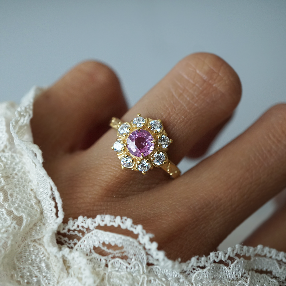 Pink Sapphire Gardenia Ring in 14K and 18K Gold