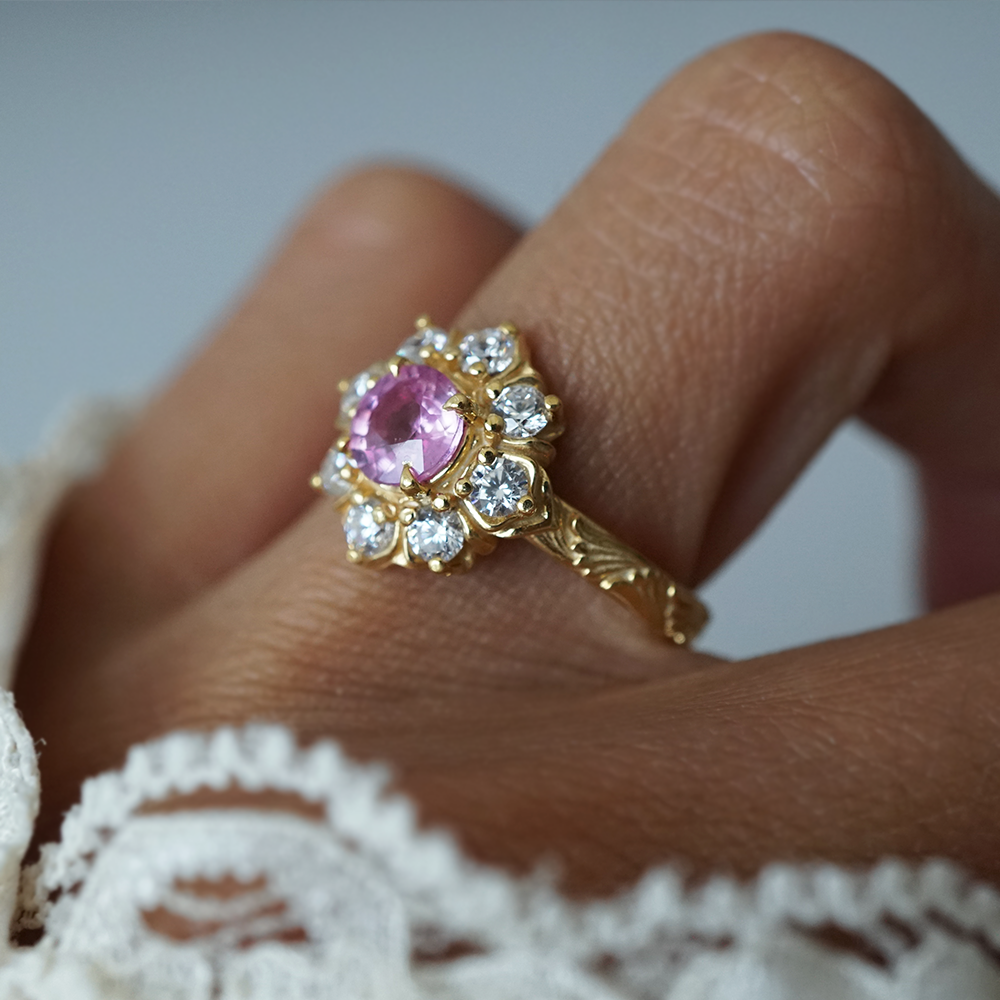 Pink Sapphire Gardenia Ring in 14K and 18K Gold