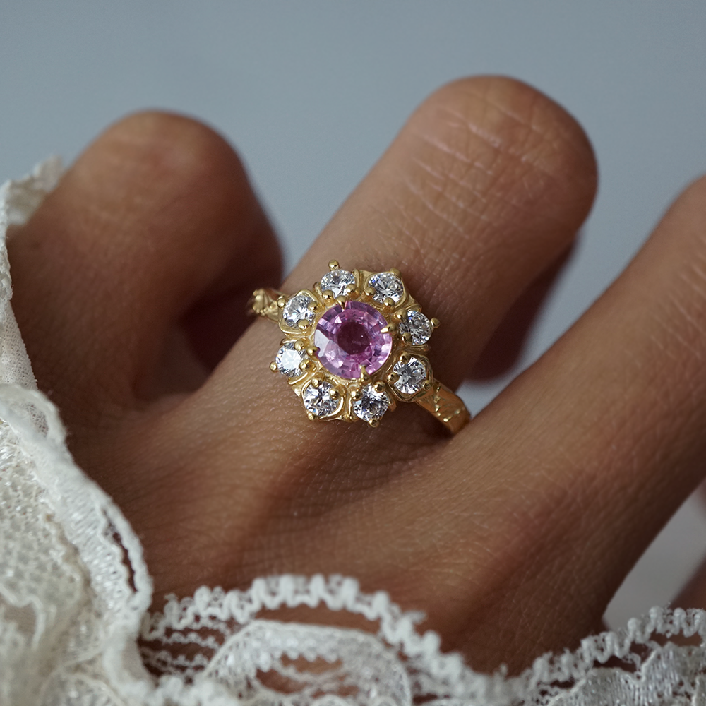 Pink Sapphire Gardenia Ring in 14K and 18K Gold