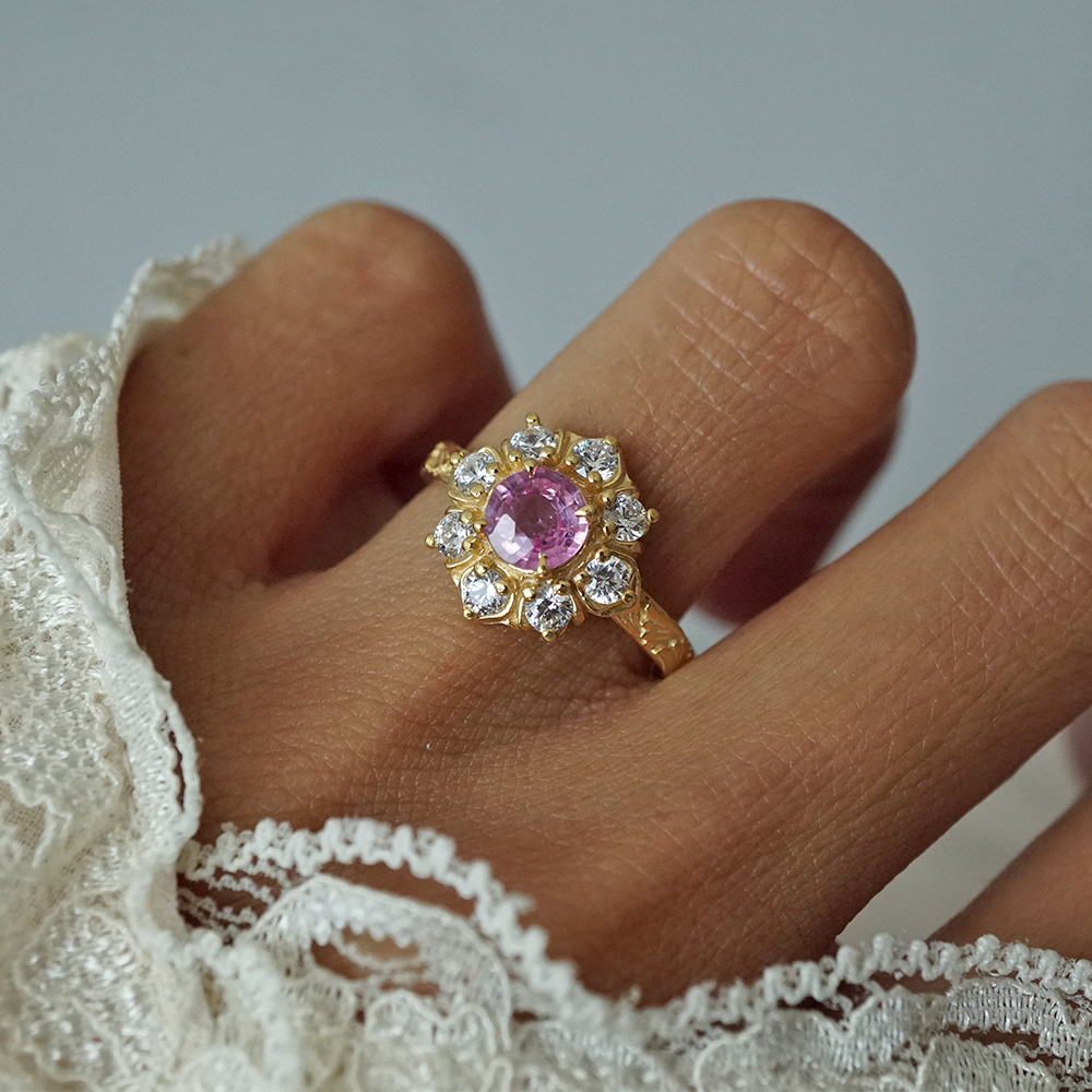 Pink Sapphire Gardenia Ring in 14K and 18K Gold