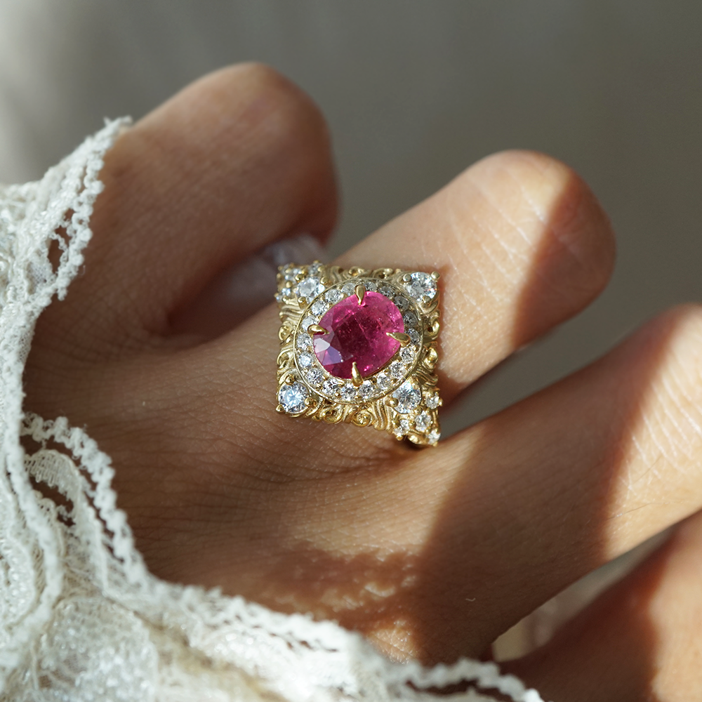Limited Edition: Oval Rubellite Rosalia Diamond Ring in 14K and 18K Gold