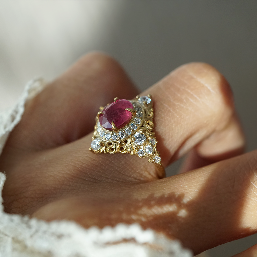 Limited Edition: Oval Rubellite Rosalia Diamond Ring in 14K and 18K Gold