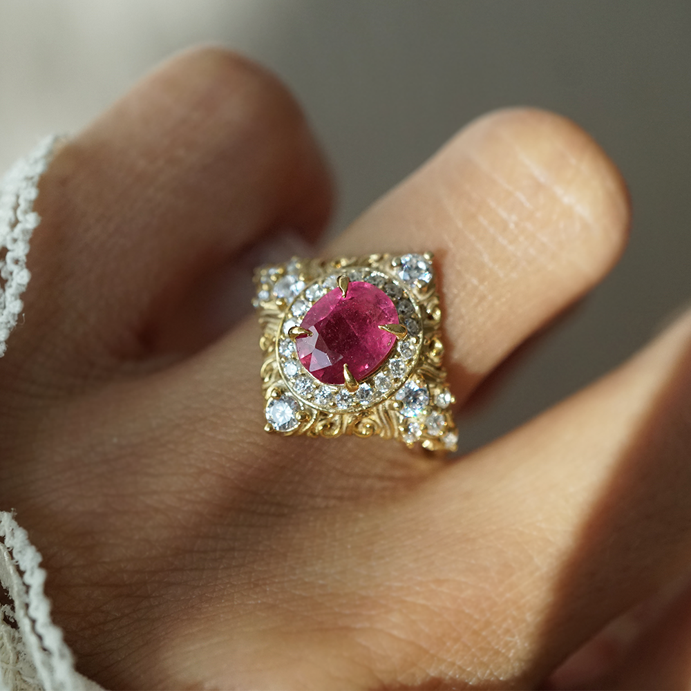 Limited Edition: Oval Rubellite Rosalia Diamond Ring in 14K and 18K Gold
