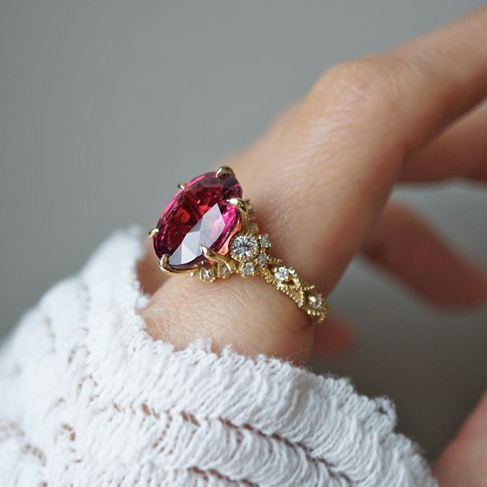 One Of A Kind: Oval Rubellite Queen Victoria Diamond Ring in 14K and 18K Gold