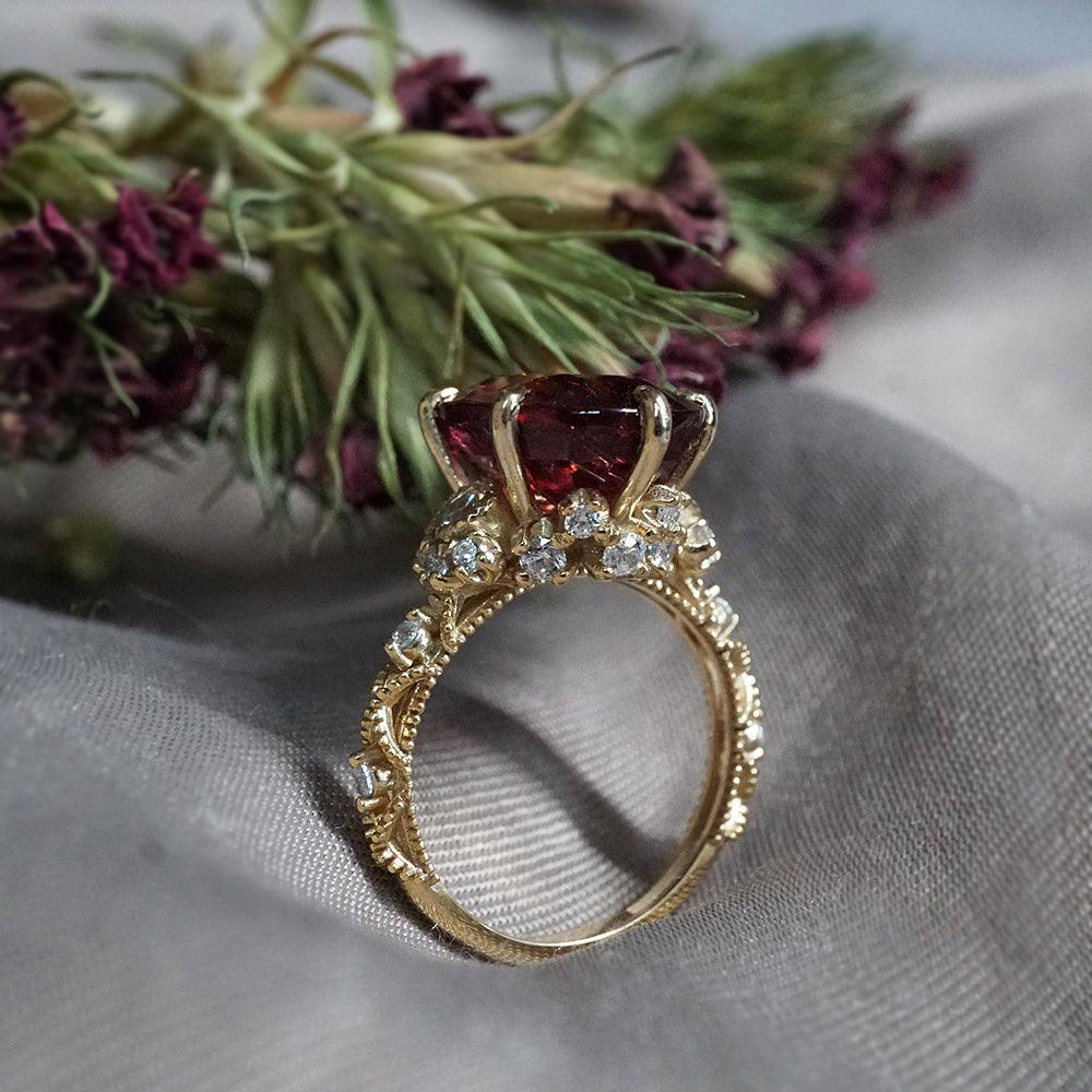 One Of A Kind: Oval Rubellite Queen Victoria Diamond Ring in 14K and