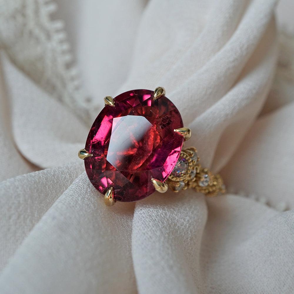 One Of A Kind: Oval Rubellite Queen Victoria Diamond Ring in 14K and 18K Gold - Tippy Taste Jewelry