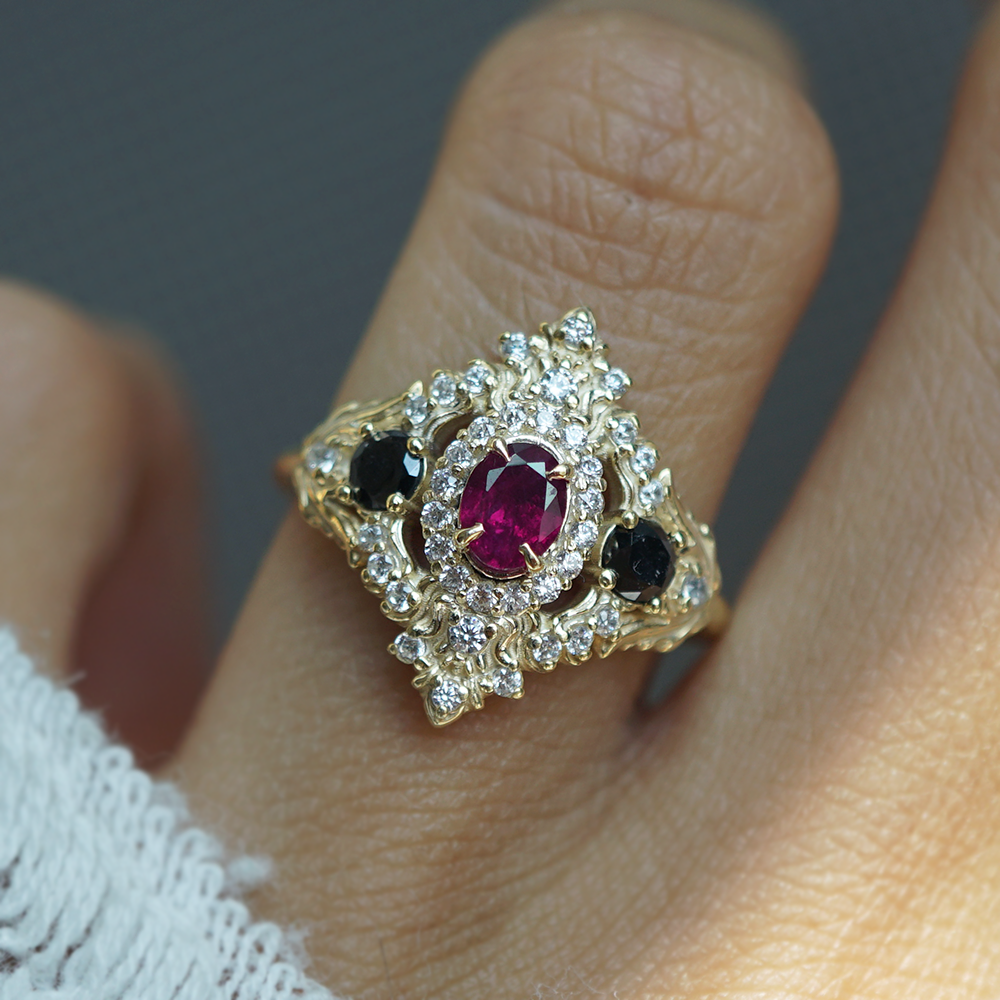Ruby & Black Diamond Scarlet Oath Ring in 14K and 18K Gold