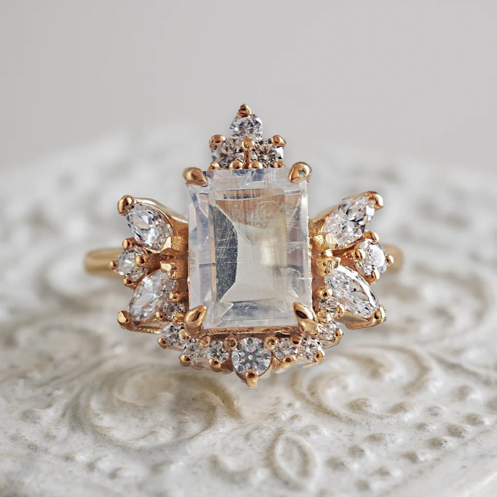 Stardust Moonstone Diamond Ring in 14K, 18K Gold and Platinum