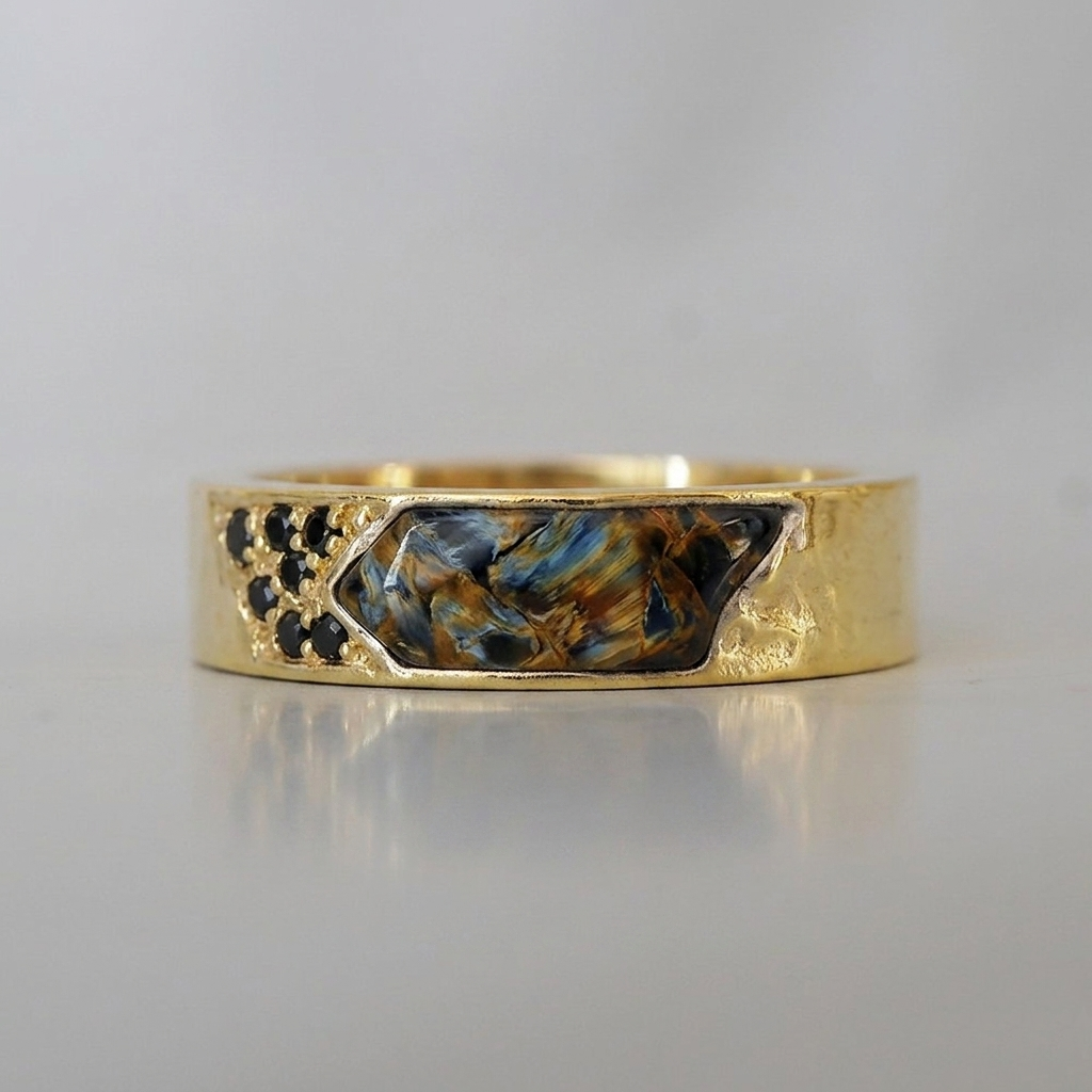 Pietersite and Black Diamond Stoneforge Ring in 14K and 18K Gold, 5mm