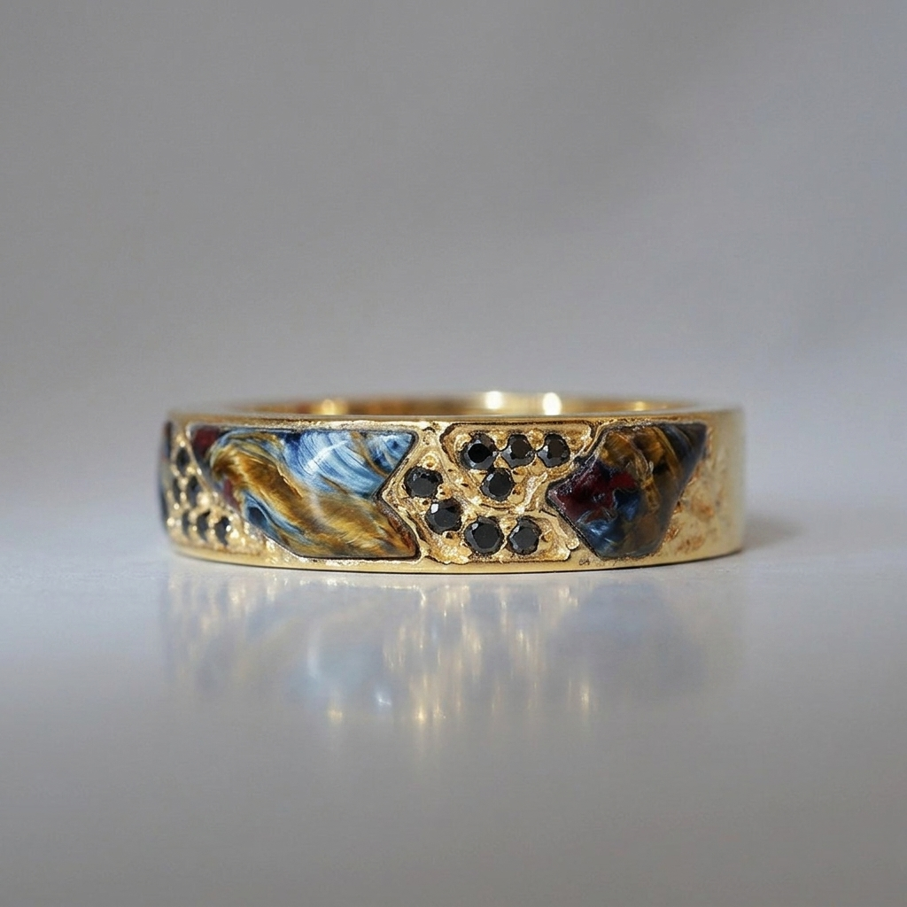 Pietersite and Black Diamond Stoneforge Ring in 14K and 18K Gold, 5mm