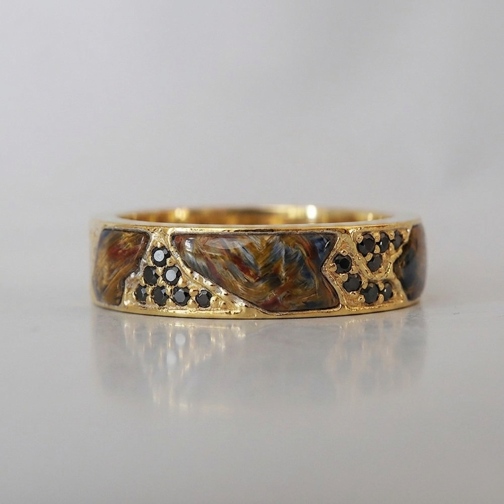 Pietersite and Black Diamond Stoneforge Ring in 14K and 18K Gold, 5mm