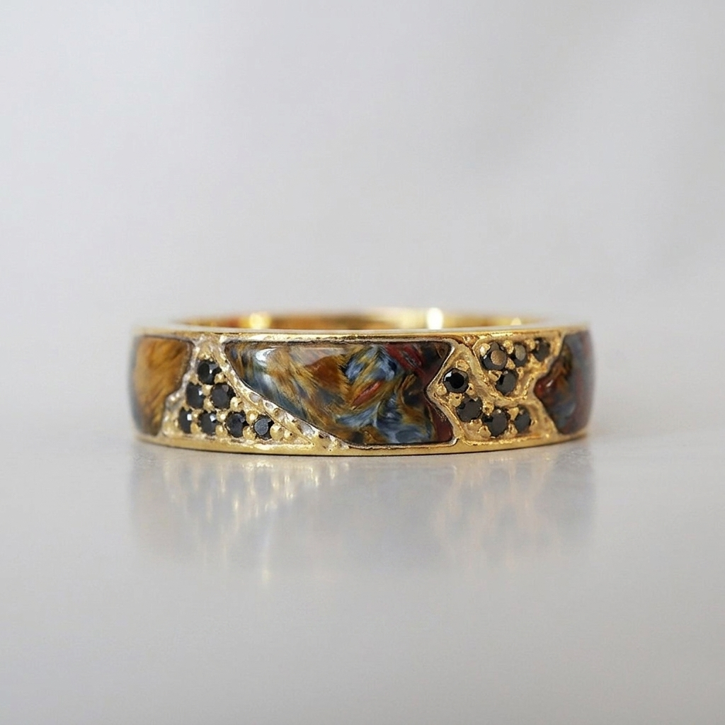 Pietersite and Black Diamond Stoneforge Ring in 14K and 18K Gold, 5mm