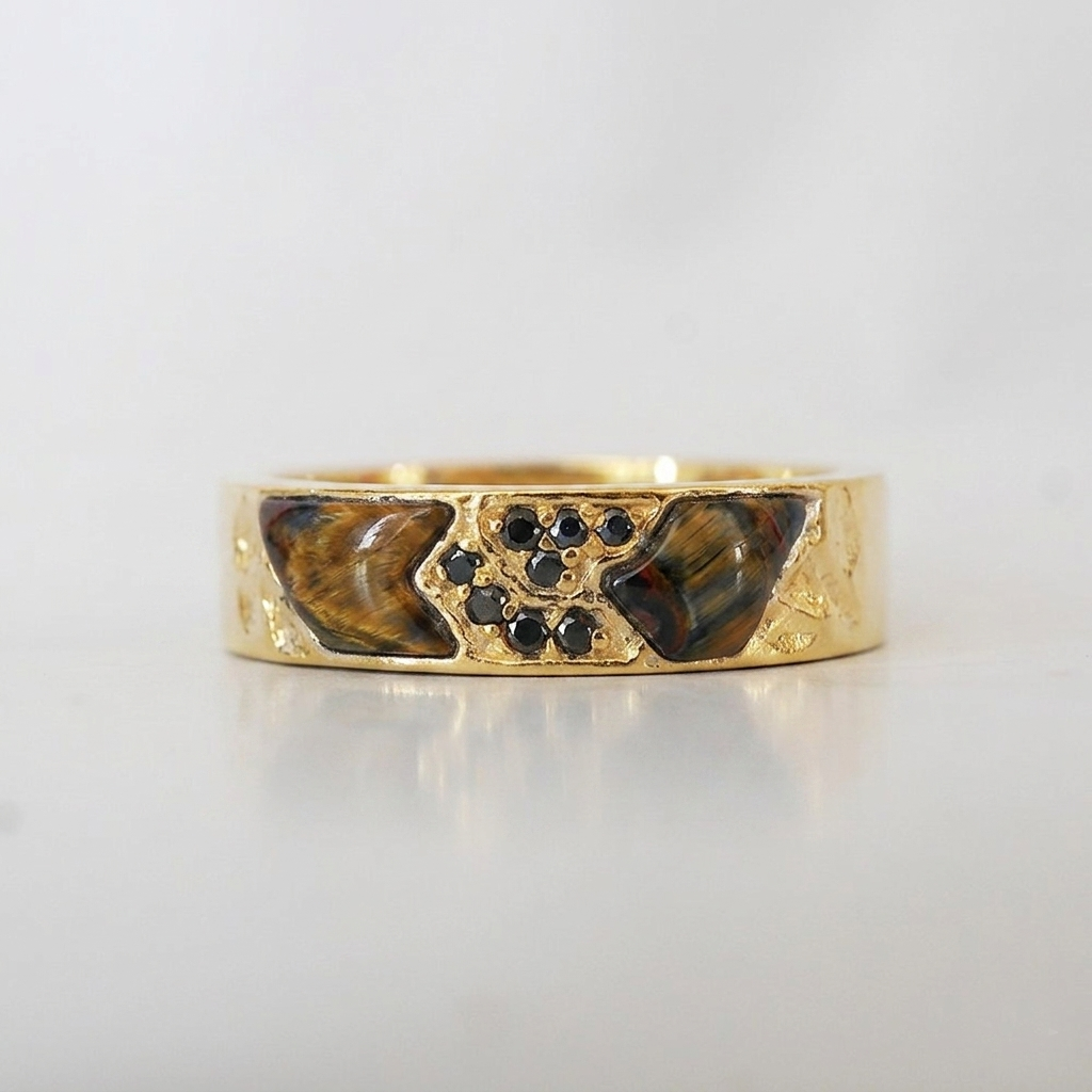 Pietersite and Black Diamond Stoneforge Ring in 14K and 18K Gold, 5mm