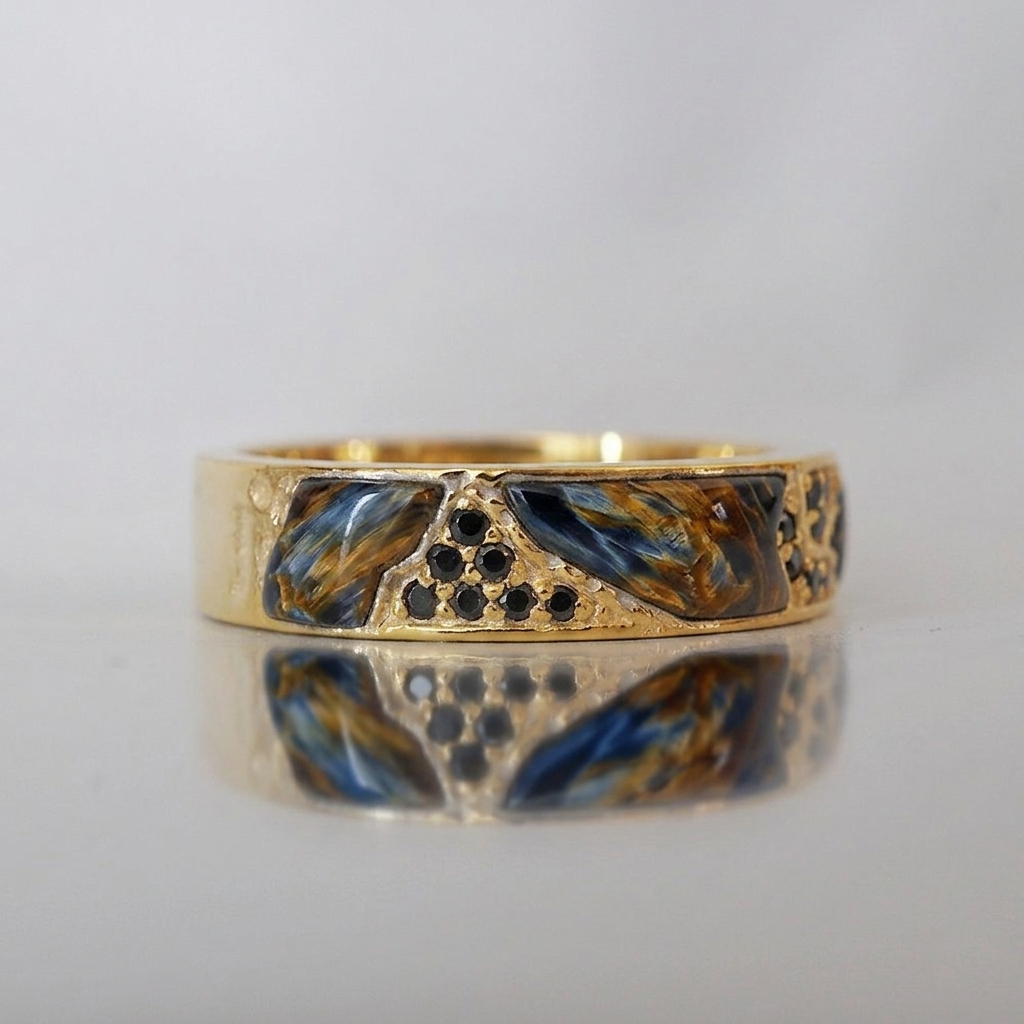 Pietersite and Black Diamond Stoneforge Ring in 14K and 18K Gold, 5mm