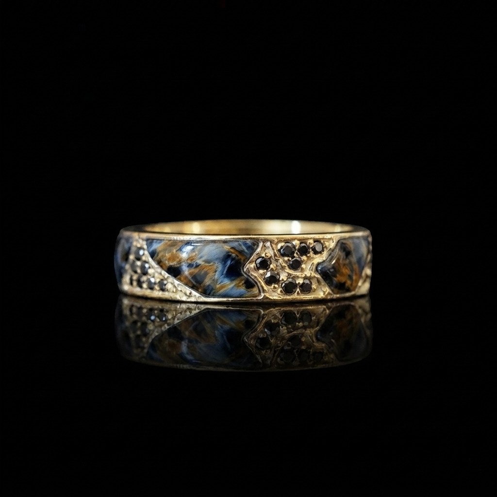 Pietersite and Black Diamond Stoneforge Ring in 14K and 18K Gold, 5mm