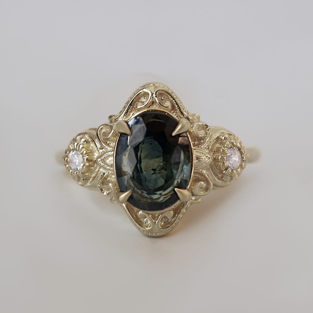 Limited Edition: Teal Sapphire Celestielle Diamond Ring in 14K and 18K Gold