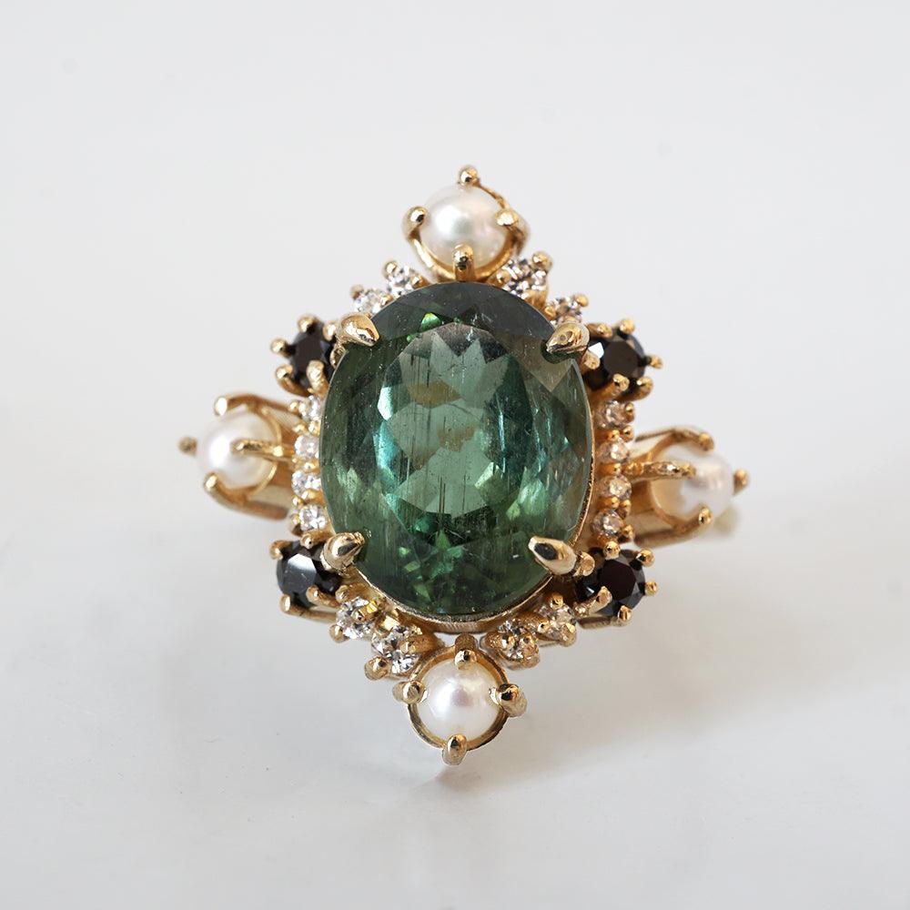 Limited Edition: Green Tourmaline Elsa Black & White Diamond Pearl Ring - Tippy Taste Jewelry