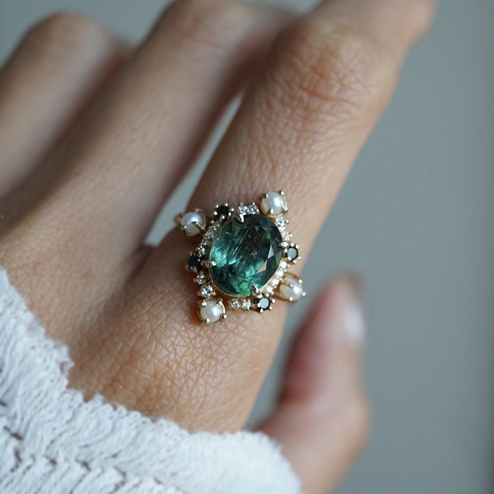 Limited Edition: Green Tourmaline Elsa Black & White Diamond Pearl Ring