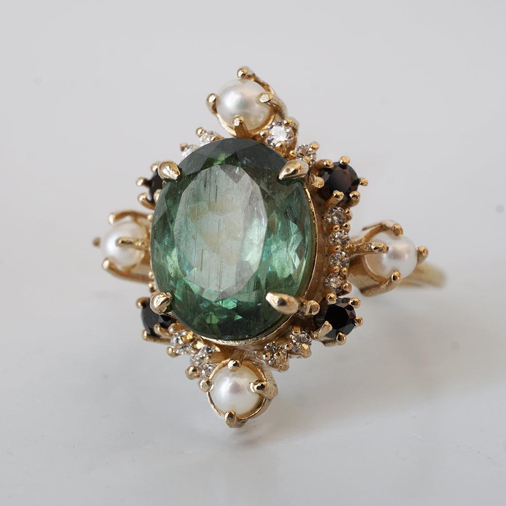 Limited Edition: Green Tourmaline Elsa Black & White Diamond Pearl Ring