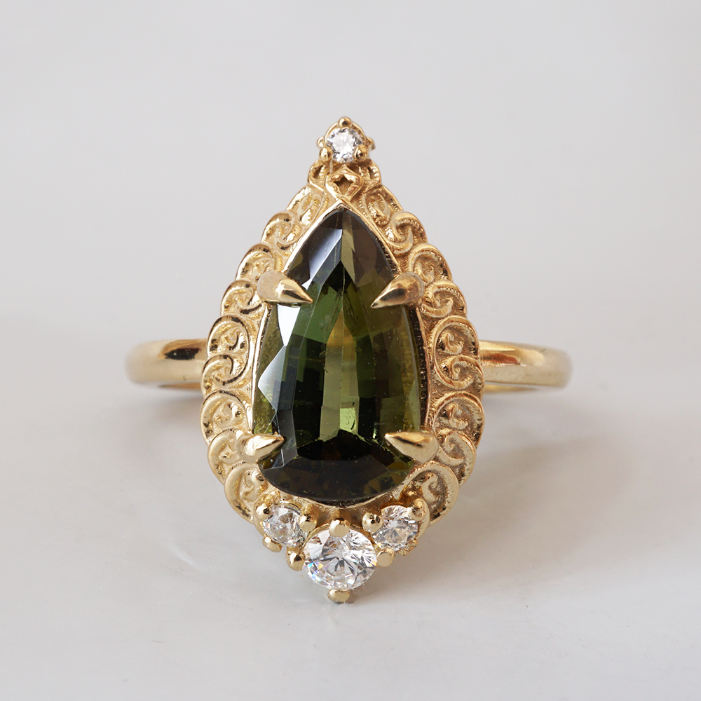 Olive Green Tourmaline Mosque Diamond Ring in 14K and 18K Gold