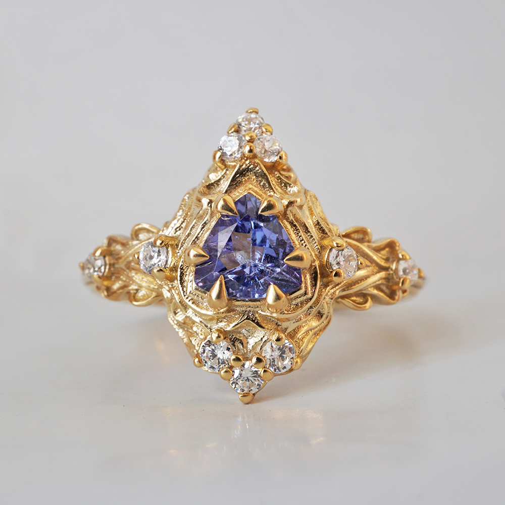 One Of A Kind: Trillion Tanzanite Nature Diamond Ring in 14K and 18K Gold