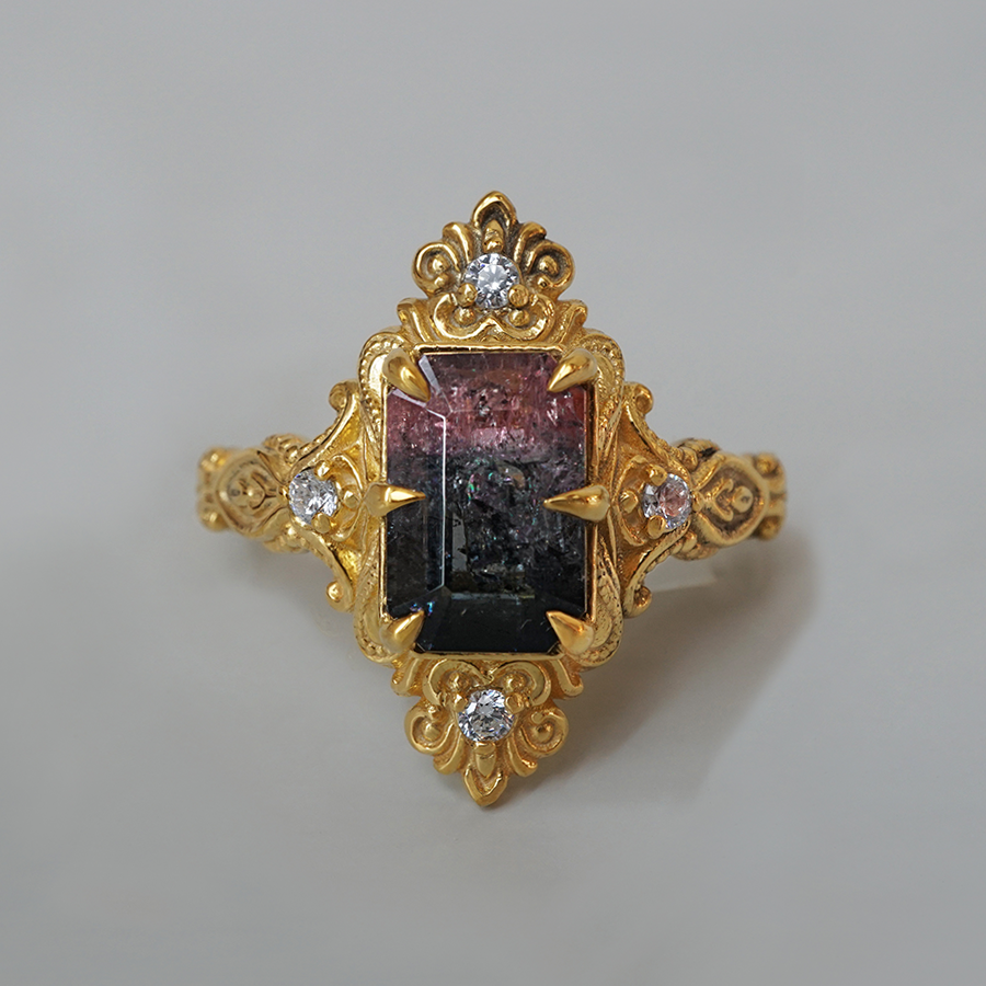 One Of A Kind: Bicolor Tourmaline Veil Diamond Ring in 14K and 18K Gold