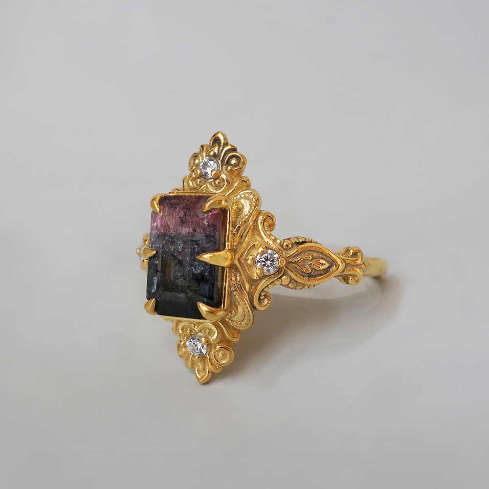 One Of A Kind: Bicolor Tourmaline Veil Diamond Ring in 14K and 18K Gold