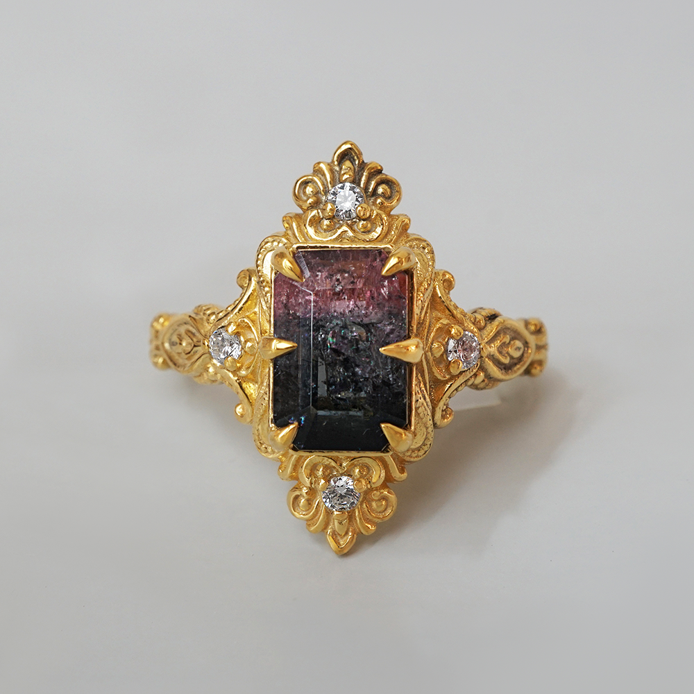 Veilring One Of A Kind: Bicolor Tourmaline Veil Diamond Ring in 14K and 18K Gol