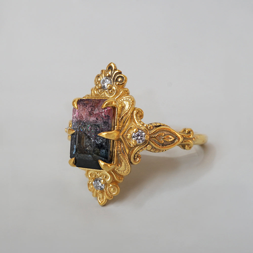 One Of A Kind: Bicolor Tourmaline Veil Diamond Ring in 14K and 18K Gold