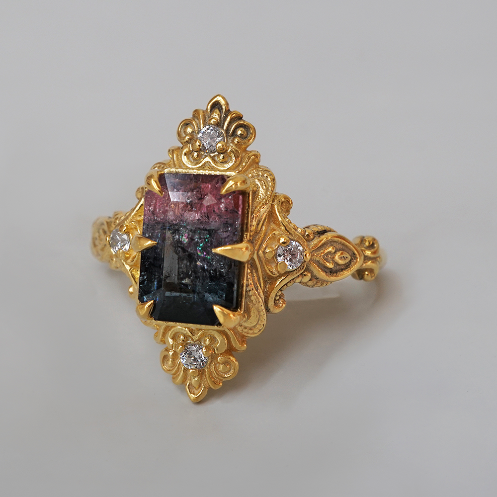 One Of A Kind: Bicolor Tourmaline Veil Diamond Ring in 14K and 18K Gold