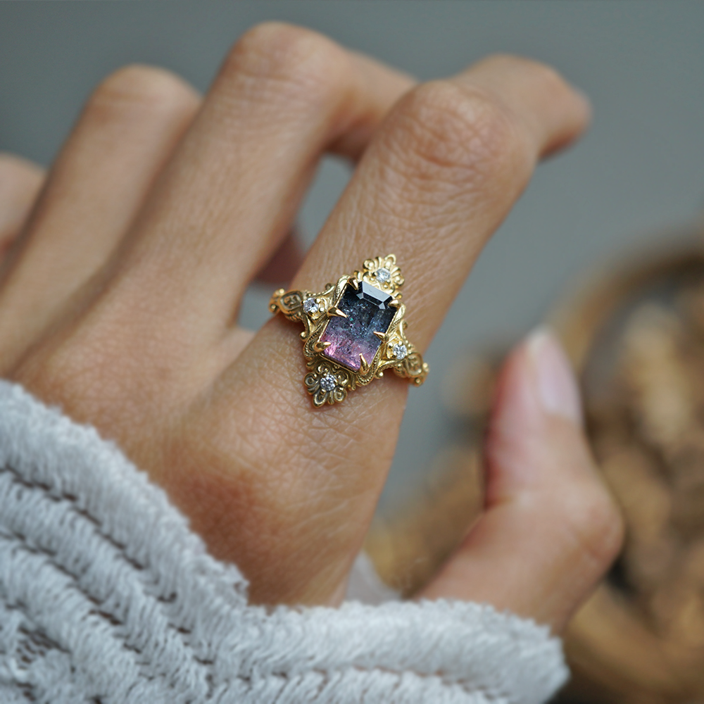 One Of A Kind: Bicolor Tourmaline Veil Diamond Ring in 14K and 18K Gold