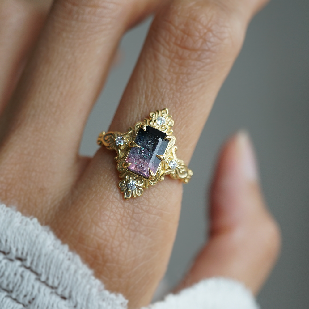 One Of A Kind: Bicolor Tourmaline Veil Diamond Ring in 14K and 18K Gold